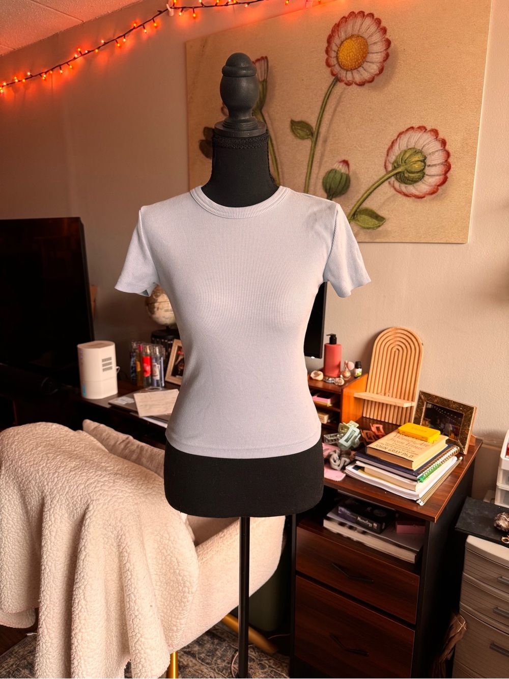 Zara Pale Blue Ribbed Crewneck Tee